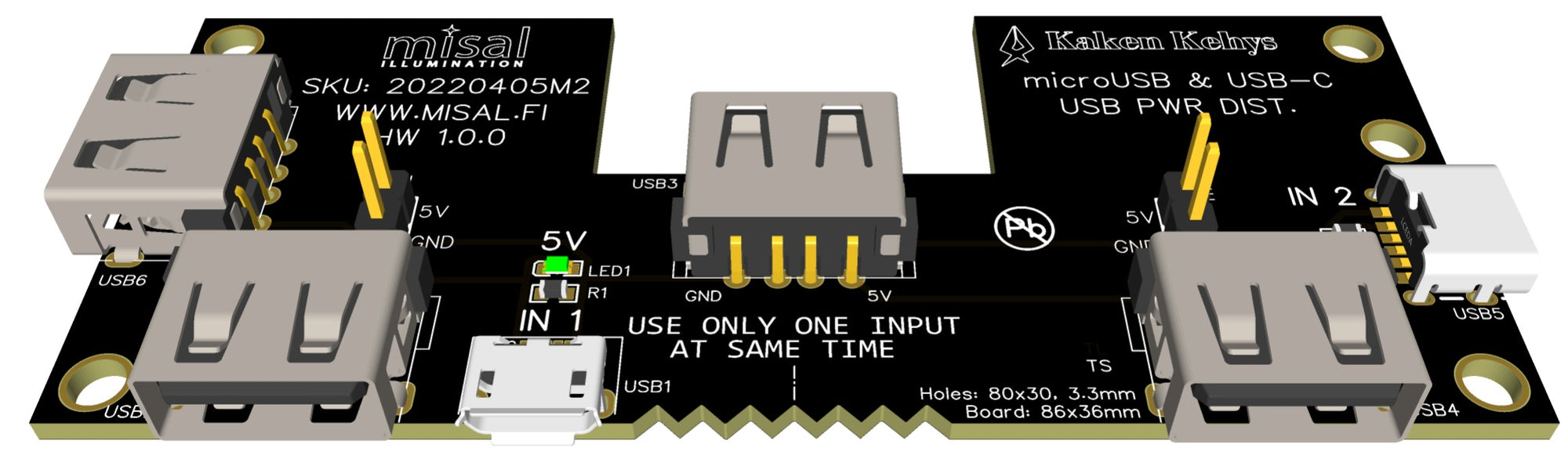 USB power distribution board 1x microUSB, 1x USB-C, 4x USB-A